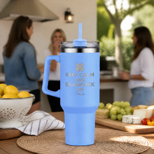 Keep Calm And Shamrock On 40oz Engraved Travel Tumbler — lifestyle