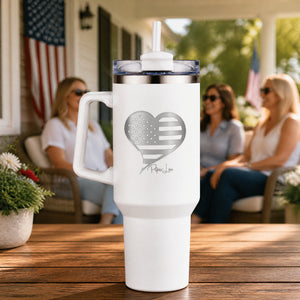 USA Flag Heart 40oz Engraved Travel Tumbler — lifestyle