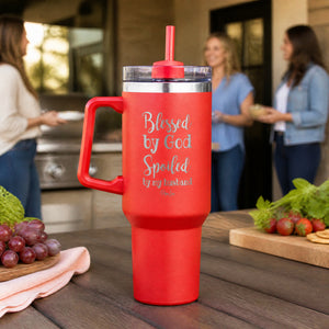 Blessed By God Spoiled By My Husband 40oz Engraved Travel Tumbler — lifestyle