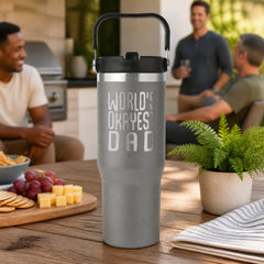 World's Okayest Dad 30oz Engraved Saratoga Tumbler — lifestyle