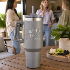 Happy Camper Fueled by Alcohol 40oz Engraved Travel Tumbler — lifestyle
