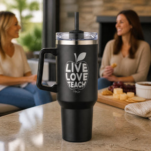 Live Love Teach 40oz Engraved Travel Tumbler — lifestyle