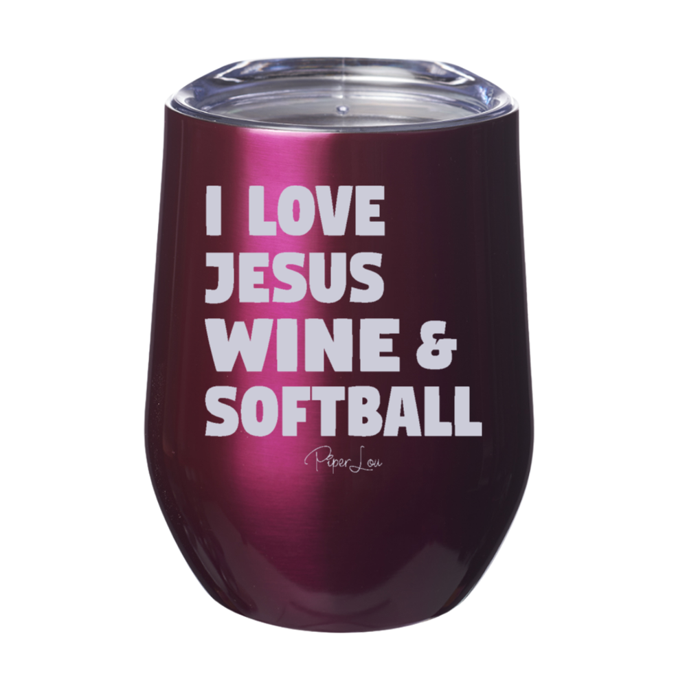 I Love Jesus, Wine And Softball 12oz Stemless Wine Cup
