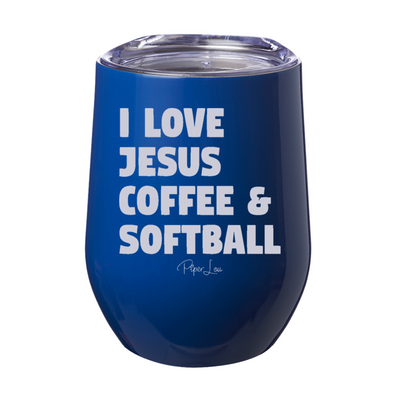 I Love Jesus Coffee And Softball 12oz Stemless Wine Cup