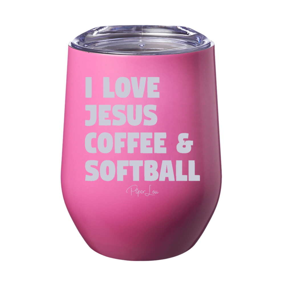 I Love Jesus Coffee And Softball 12oz Stemless Wine Cup