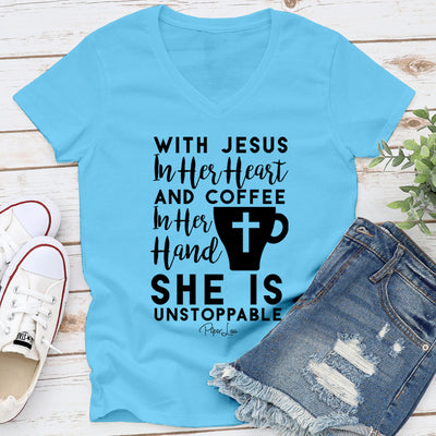 With Jesus In Her Heart And Coffee In Her Hand